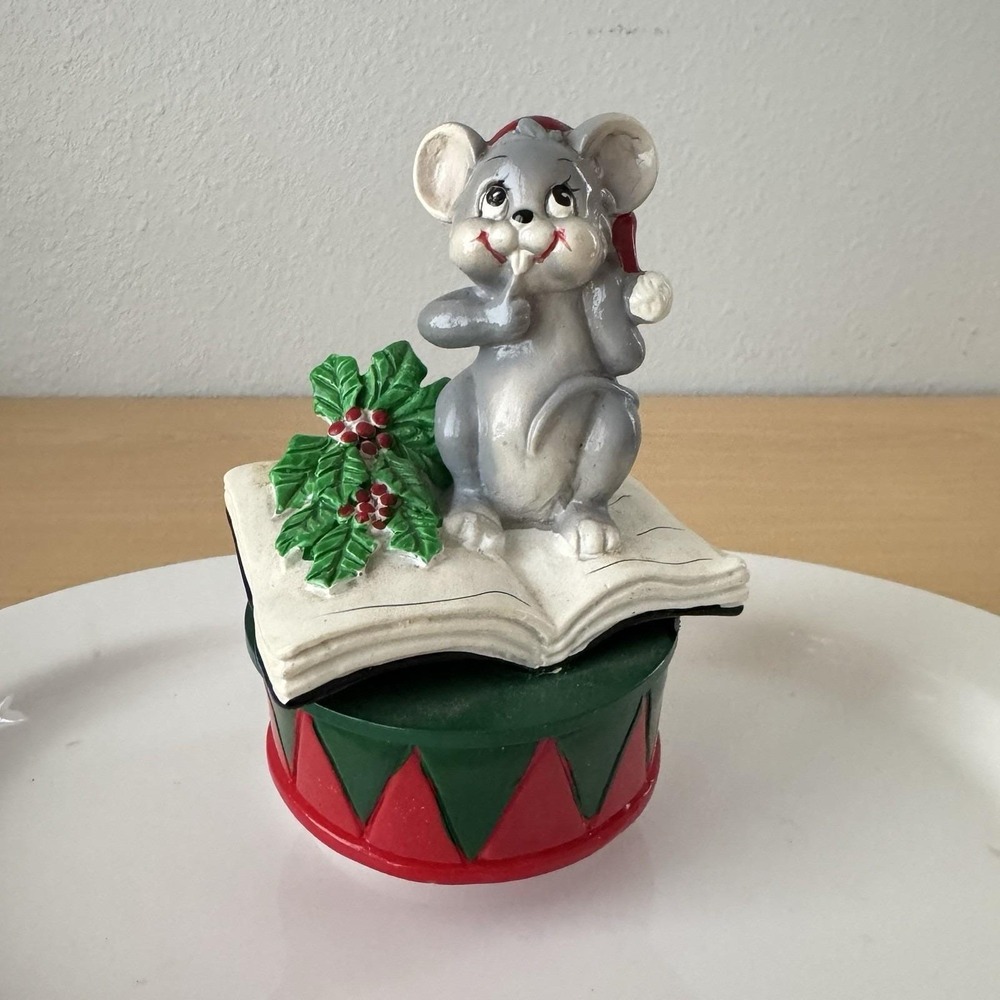 Vintage Mouse On Open Book Red Drum Christmas Music Box Plays Deck The Halls